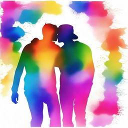 Create an image depicting the silhouette of two 16-year-old male teenagers kissing and walking, with a semi-watercolor style background featuring the colors of the rainbow