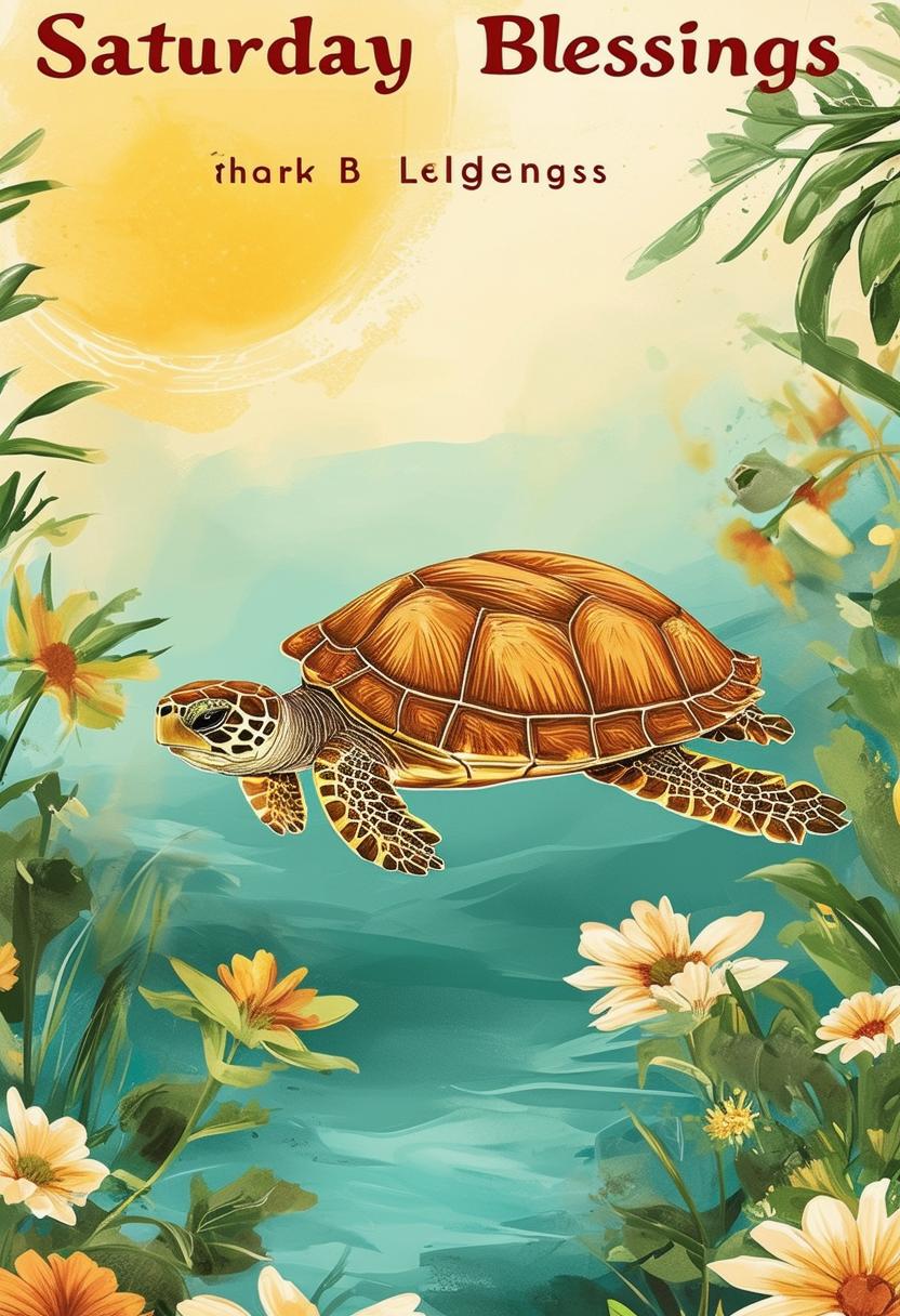 Design a 32k HD book cover for 'Saturday Blessings', featuring an adorable turtle. The title should be prominently displayed.