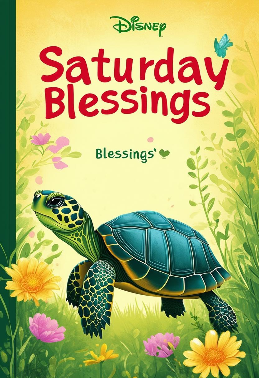 Design a 32k HD book cover for 'Saturday Blessings', featuring a charming and adorable turtle