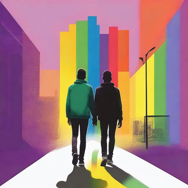 Create an image showing two gay teenagers walking side by side, viewed from behind, with the colors of the rainbow in the background