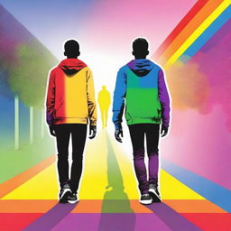 Create an image showing two gay teenagers walking side by side, viewed from behind, with the colors of the rainbow in the background