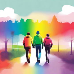 Create an image showing two gay teenagers walking side by side, viewed from behind, with the colors of the rainbow in the background