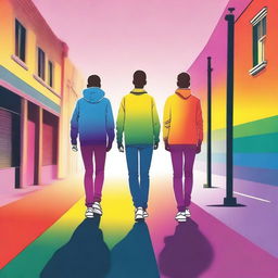 Create an image showing two gay teenagers walking side by side, viewed from behind, with the colors of the rainbow in the background