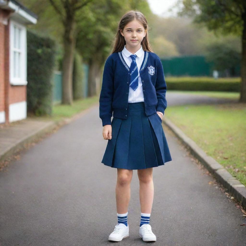 A stylish schoolgirl wearing a co-ord set in light and dark blue hues as her school uniform.