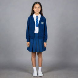 A stylish schoolgirl wearing a co-ord set in light and dark blue hues as her school uniform.