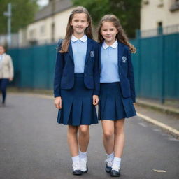 A stylish schoolgirl wearing a co-ord set in light and dark blue hues as her school uniform.