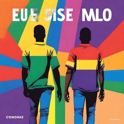 Create a book cover titled 'Eu não sei o seu nome' featuring two gay teenagers walking side by side, viewed from behind, with the colors of the rainbow in the background