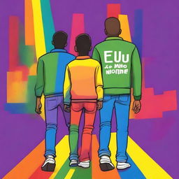 Create a book cover titled 'Eu não sei o seu nome' featuring two gay teenagers walking side by side, viewed from behind, with the colors of the rainbow in the background