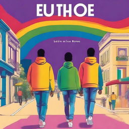 Create a book cover titled 'Eu não sei o seu nome' featuring two gay teenagers walking side by side, viewed from behind, with the colors of the rainbow in the background