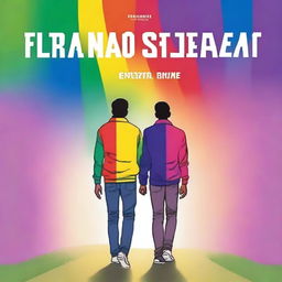 Create a book cover titled 'Eu não sei o seu nome' featuring two gay teenagers walking side by side, viewed from behind, with the colors of the rainbow in the background