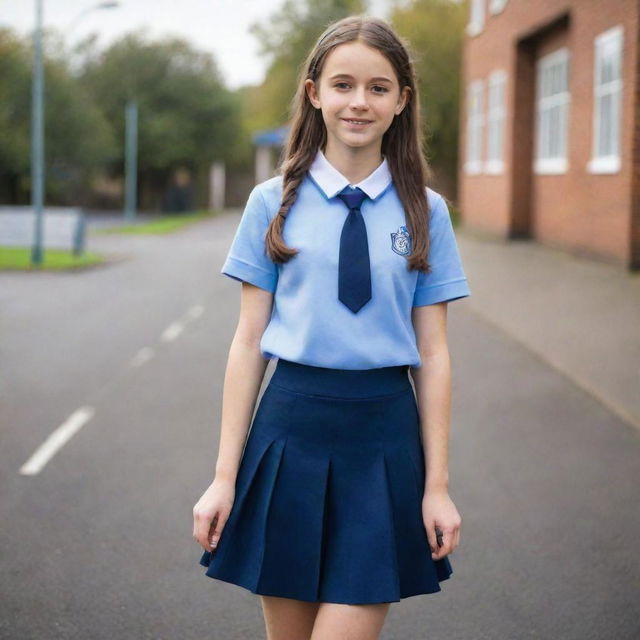 A stylish schoolgirl wearing a co-ord set in light and dark blue hues as her school uniform.