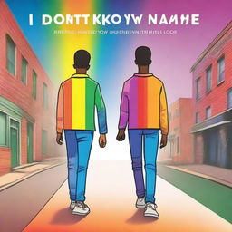 Create a book cover titled 'I don't know your name' featuring two gay teenagers walking side by side, with the colors of the rainbow in the background