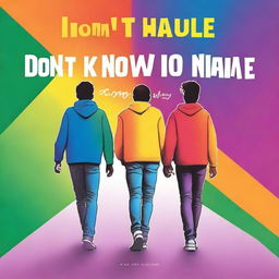 Create a book cover titled 'I don't know your name' featuring two gay teenagers walking side by side, with the colors of the rainbow in the background