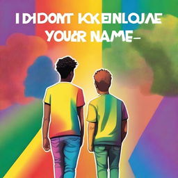 Create a book cover titled 'I don't know your name' featuring two gay teenagers walking side by side, with the colors of the rainbow in the background