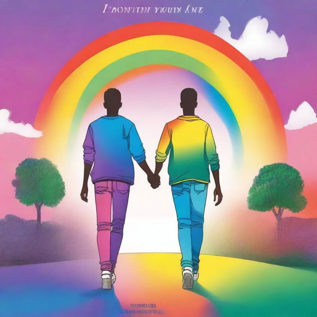 Create a book cover titled 'I don't know your name' featuring two gay teenagers walking side by side, with the colors of the rainbow in the background