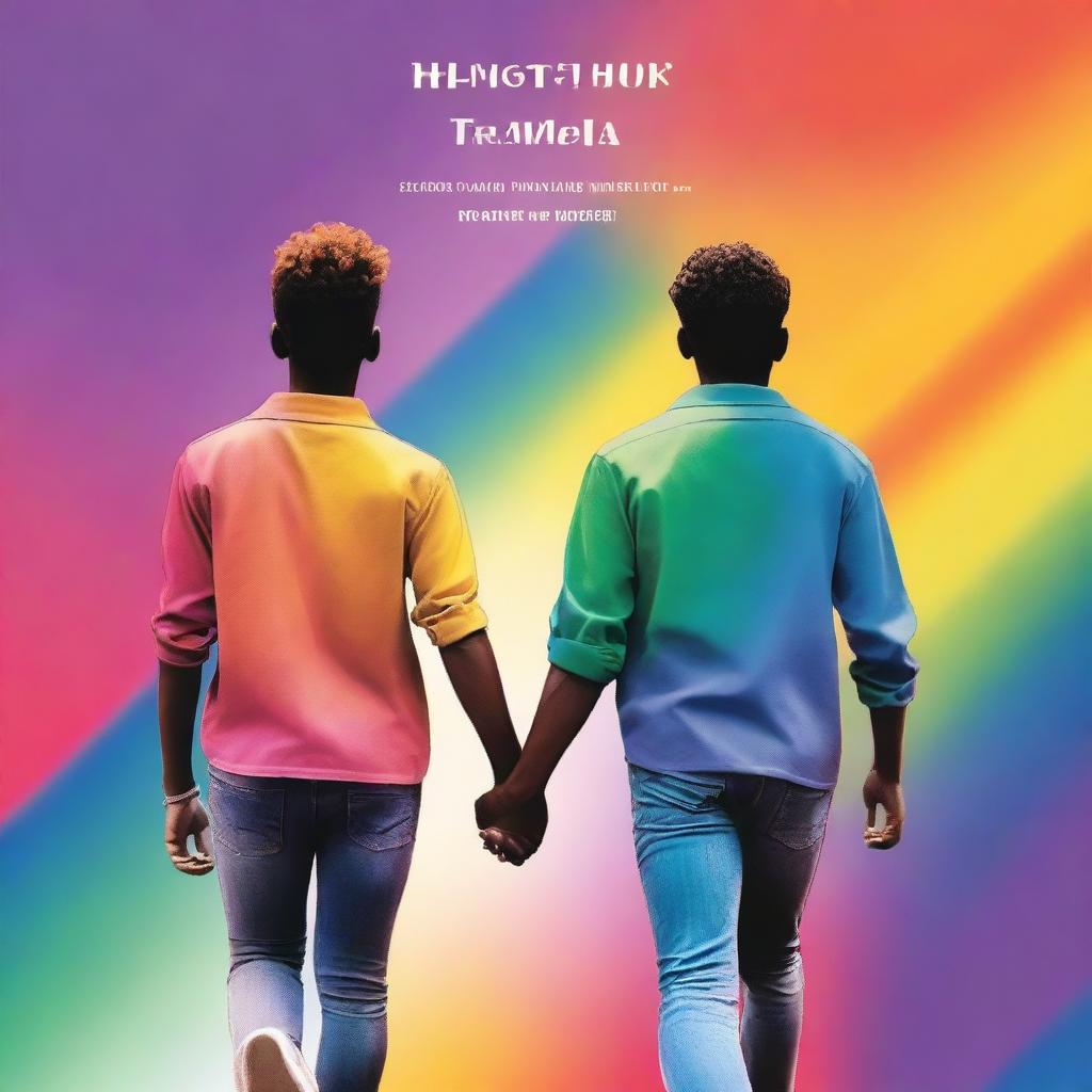 Create a book cover featuring two gay teenagers walking side by side, viewed from behind, with the colors of the rainbow in the background