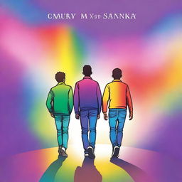 Create a book cover featuring two gay teenagers walking side by side, viewed from behind, with the colors of the rainbow in the background