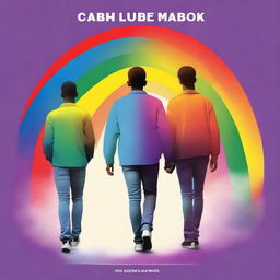 Create a book cover featuring two gay teenagers walking side by side, viewed from behind, with the colors of the rainbow in the background