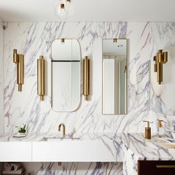 Design a modern, sleek, aesthetic bathroom with white marble walls, brass fixtures, and a large, well-lit vanity mirror.