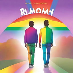 Create a book cover featuring two gay teenagers walking side by side, viewed from behind, with the colors of the rainbow in the background