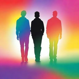 Create a book cover featuring the silhouettes of two gay teenagers walking side by side, viewed from behind, with the colors of the rainbow in the background