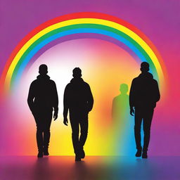 Create a book cover featuring the silhouettes of two gay teenagers walking side by side, viewed from behind, with the colors of the rainbow in the background