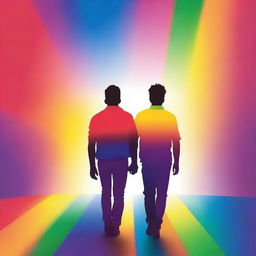 Create a book cover featuring the silhouettes of two gay teenagers walking side by side, viewed from behind, with the colors of the rainbow in the background