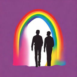 Create a book cover featuring the silhouettes of two gay teenagers walking side by side, viewed from behind, with the colors of the rainbow in the background