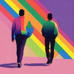 Create an image featuring the silhouettes of two gay teenagers walking side by side, viewed from behind, with the colors of the rainbow in the background