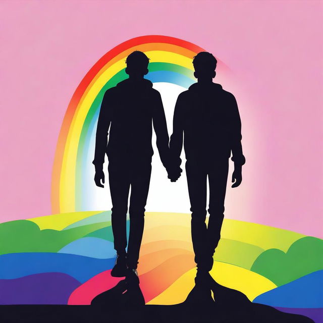 Create an image featuring the silhouettes of two gay teenagers walking side by side, viewed from behind, with the colors of the rainbow in the background