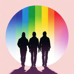 Create an image featuring the silhouettes of two gay teenagers walking side by side, viewed from behind, with the colors of the rainbow in the background