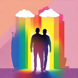 Create an image featuring the silhouettes of two gay teenagers walking side by side, viewed from behind, with the colors of the rainbow in the background