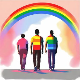 Two gay teenagers walking side by side, seen from the back, with a background filled with rainbow colors symbolizing pride.