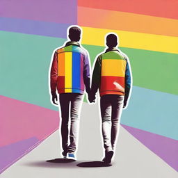 Two gay teenagers walking side by side, seen from the back, with a background filled with rainbow colors symbolizing pride.