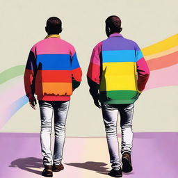 Two gay teenagers walking side by side, seen from the back, with a background filled with rainbow colors symbolizing pride.