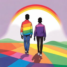 Two gay teenagers walking side by side, seen from the back, with a background filled with rainbow colors symbolizing pride.