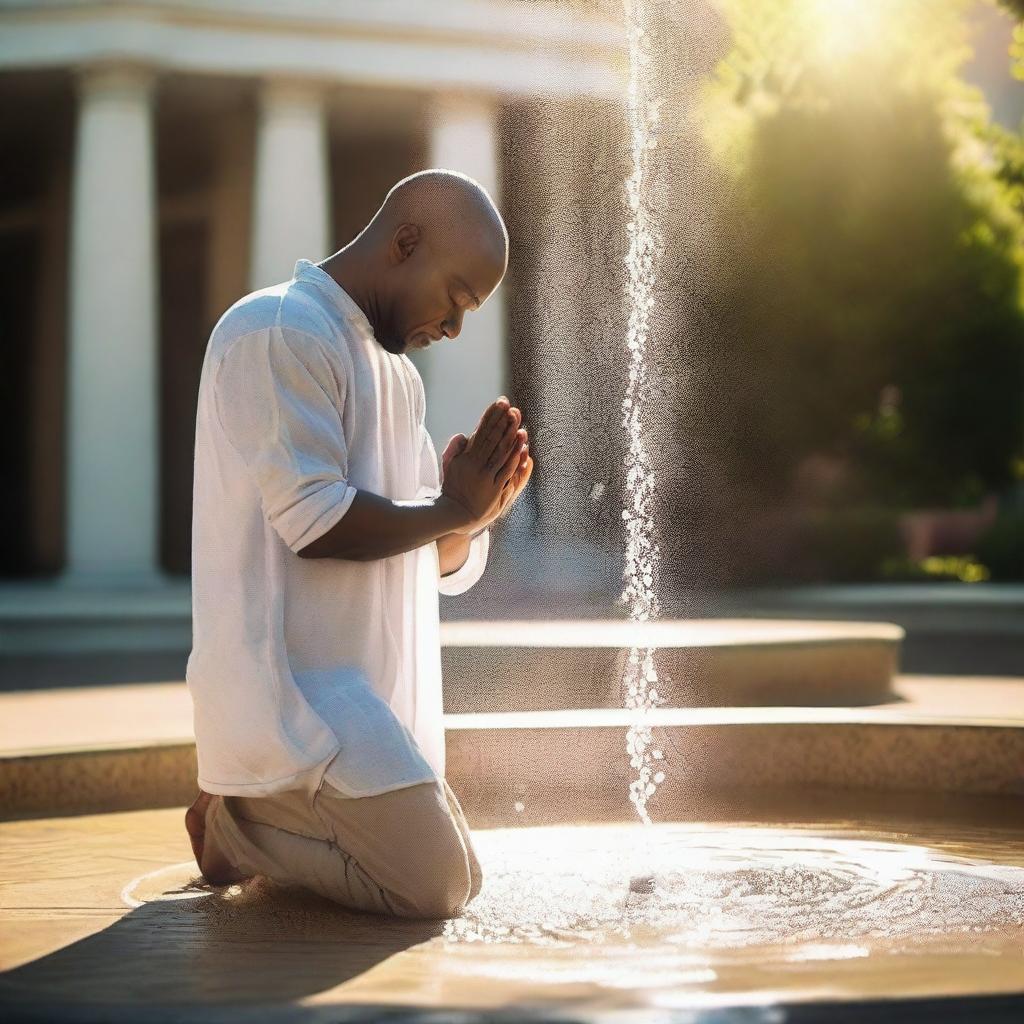 A man praying in the middle of a water fountain