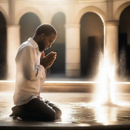 A man praying in the middle of a water fountain