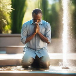 A man praying in the middle of a water fountain