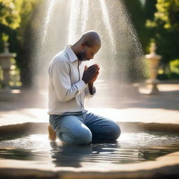 A man praying in the middle of a water fountain