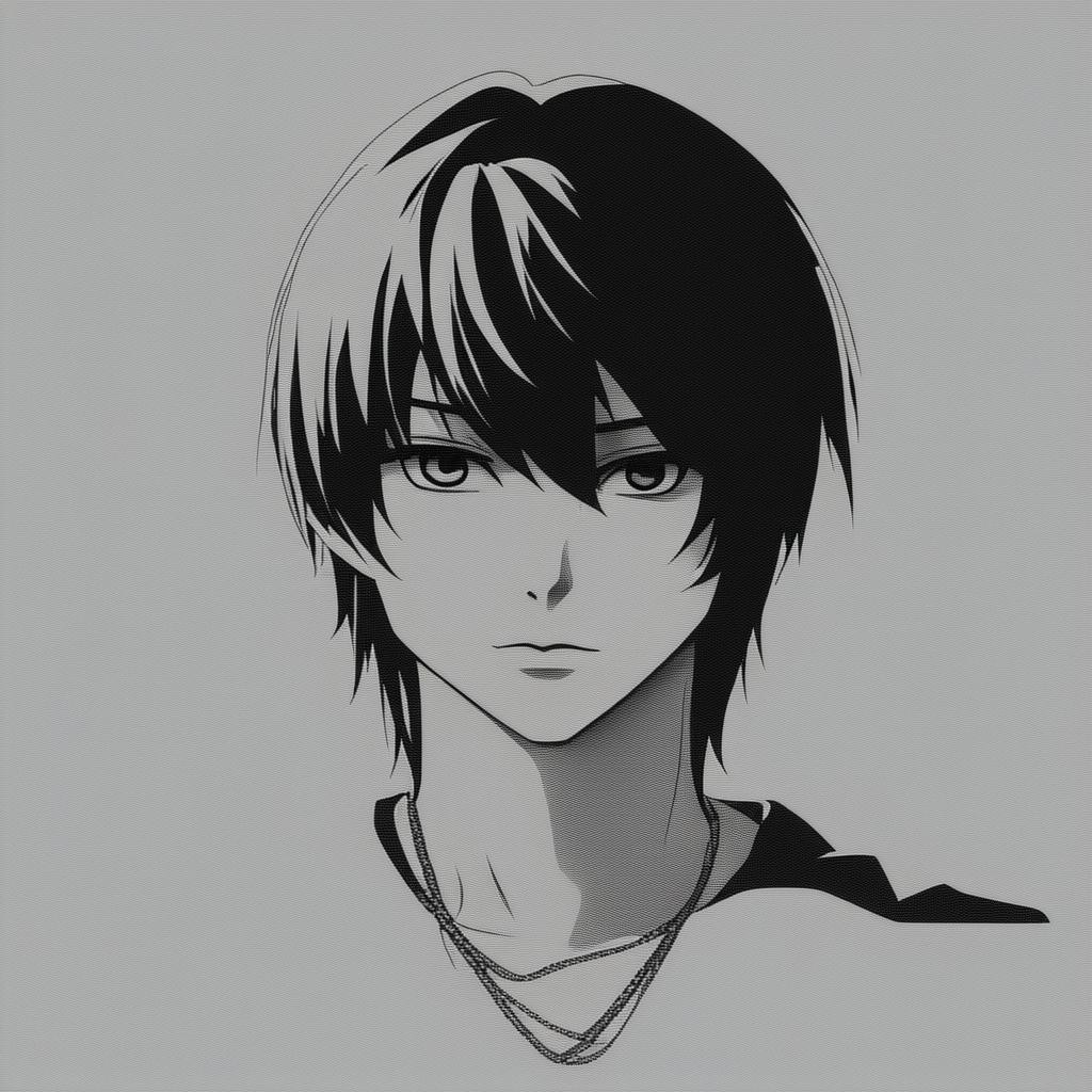 This is a revised request for a darker, grainy black and white profile picture of Light Yagami from Death Note with a plain background