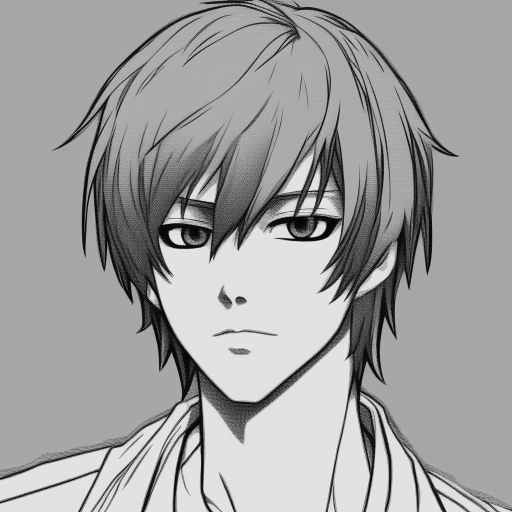 This is a revised request for a darker, grainy black and white profile picture of Light Yagami from Death Note with a plain background