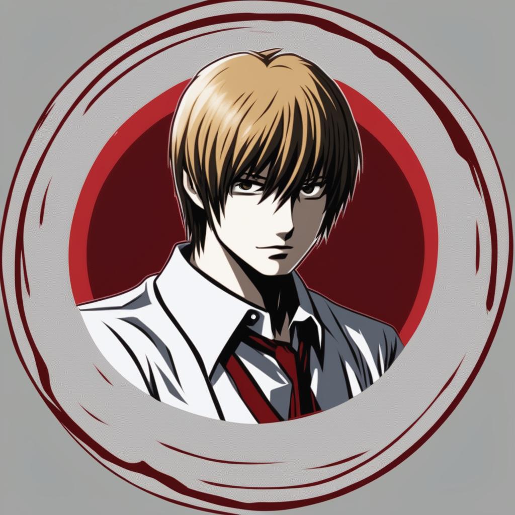 This is a revised request for a dark, grainy, coloured profile picture of Light Yagami from Death Note, encircled with a deep red avatar circle