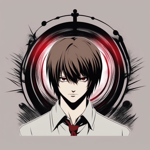 This is a revised request for a dark, grainy, coloured profile picture of Light Yagami from Death Note, encircled with a deep red avatar circle