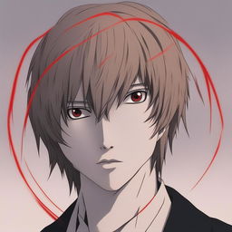 This is a revised request for a dark, grainy, coloured profile picture of Light Yagami from Death Note, encircled with a deep red avatar circle