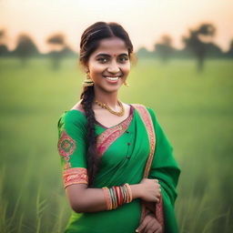 An Indian girl dressed in traditional attire with vibrant colors