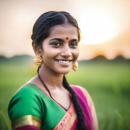 An Indian girl dressed in traditional attire with vibrant colors