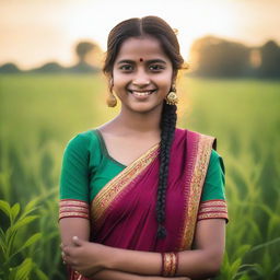 An Indian girl dressed in traditional attire with vibrant colors