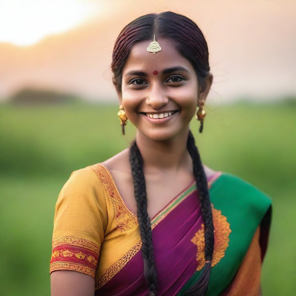 An Indian girl dressed in traditional attire with vibrant colors