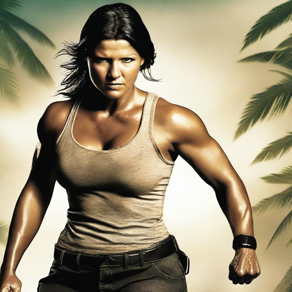 Create an image for the movie 'Deadly Pursuit' featuring Gina Carano in a fighting stance, navigating a treacherous world of deceit and danger